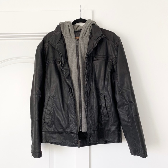 Blue Other - Blue Leather Black Jacket With Attachable Hoodie